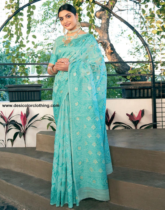 Turquoise Jacquard Linen Saree