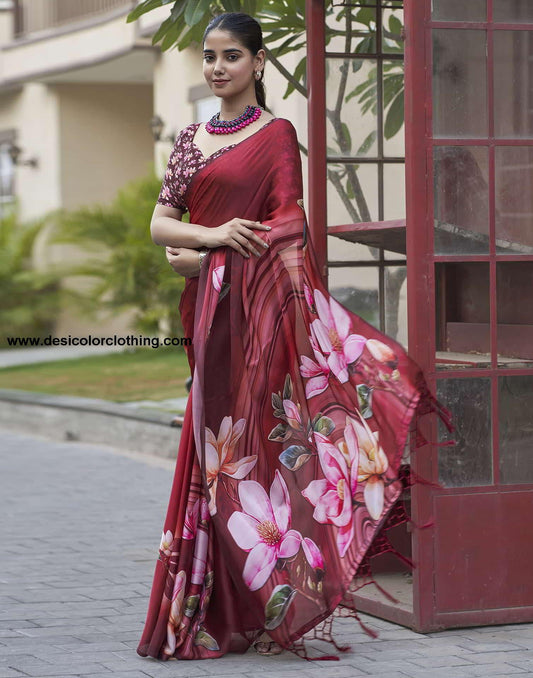 Red Printed Satin Saree