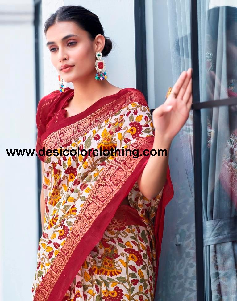 Yellow Cotton Printed Saree