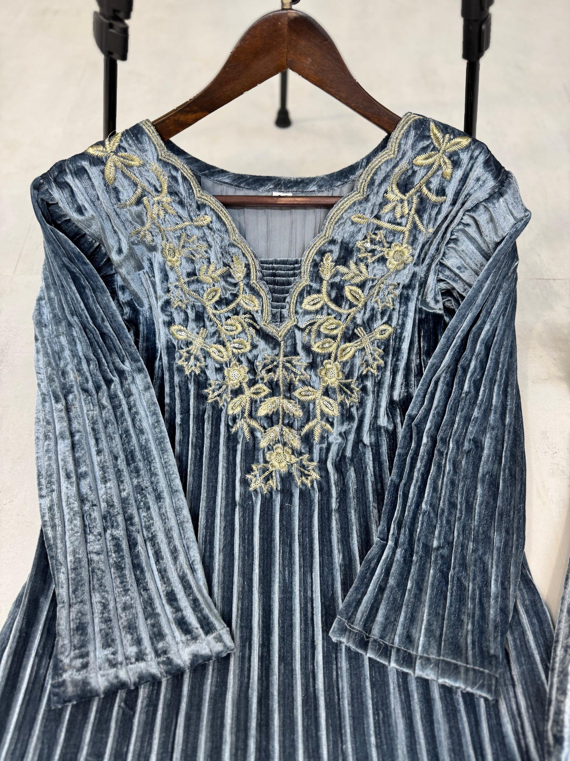 Product Image - Designer Blooming Velvet Embroidery Work Suit with Pant