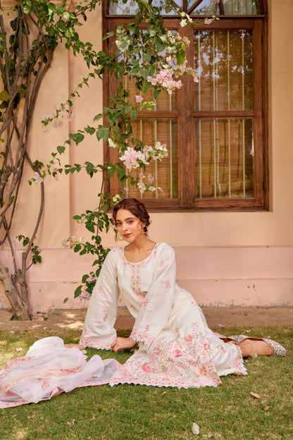 Product Image - AKSHARA: Ivory White Chanderi Embroidered Suit Set