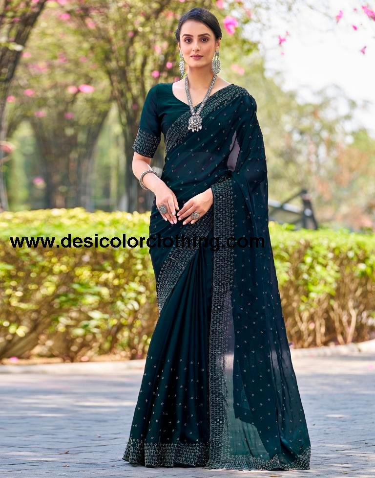Dark Teal Blue Georgette Plain Saree