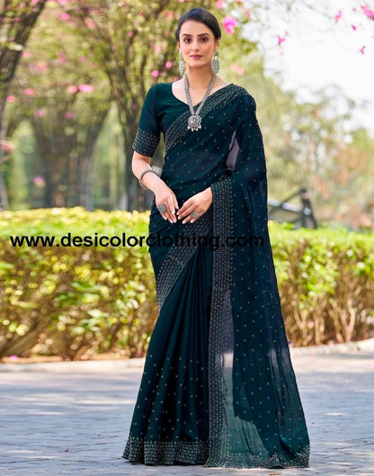 Dark Teal Blue Georgette Plain Saree