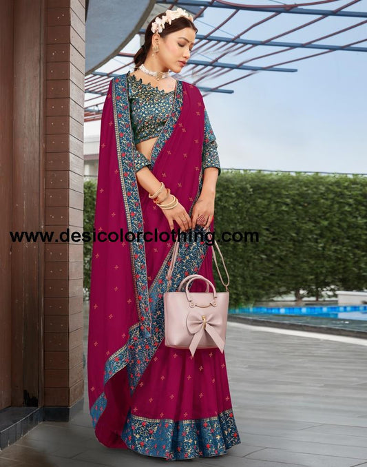 Dark Pink & Blue Silk Saree with Lace, Hot Fixing & Jacquard Brocade Blouse