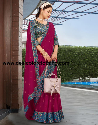 Dark Pink & Blue Silk Saree with Lace, Hot Fixing & Jacquard Brocade Blouse
