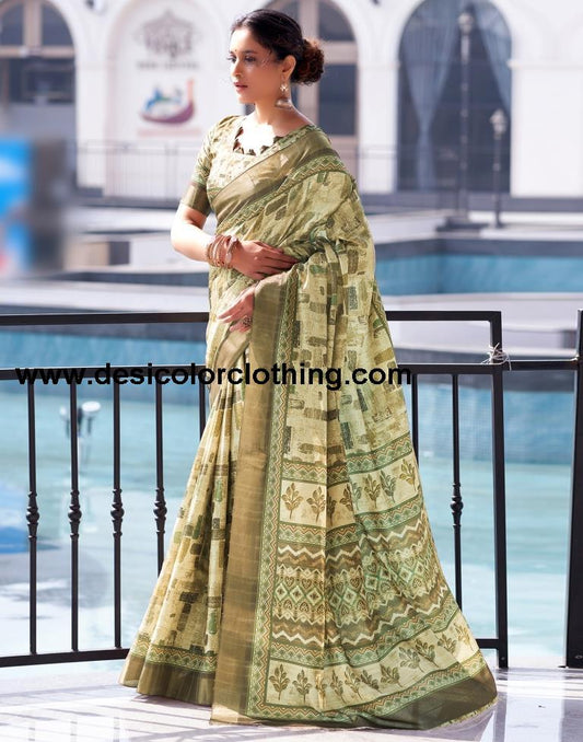 Dull Yellow Silk Printed Saree