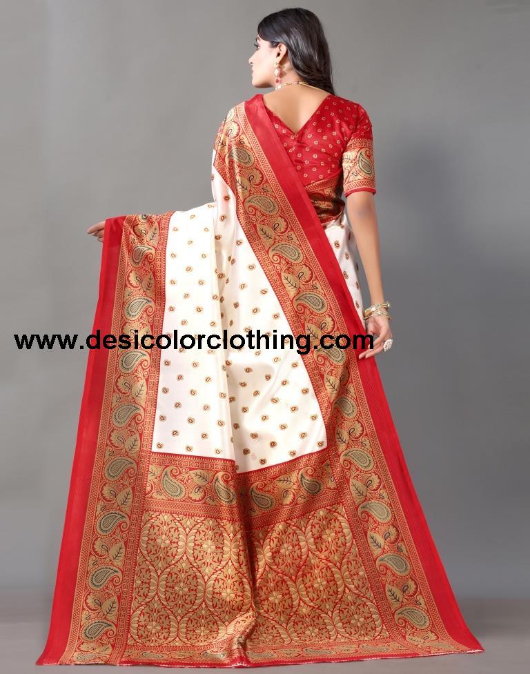 White And Red Silk Saree
