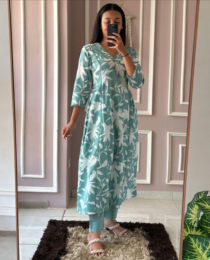 Product Image - Designer Cotton Kurti Set - Floral Print & Comfort Fit