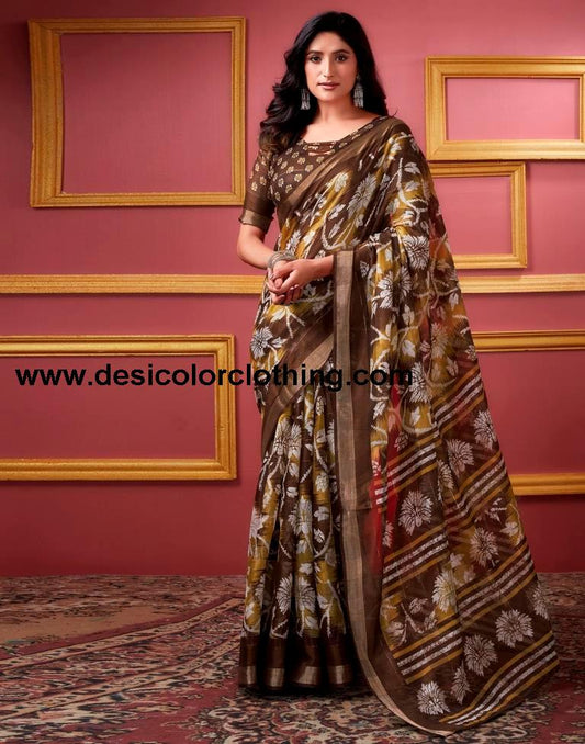 Brown Cotton Zari Saree