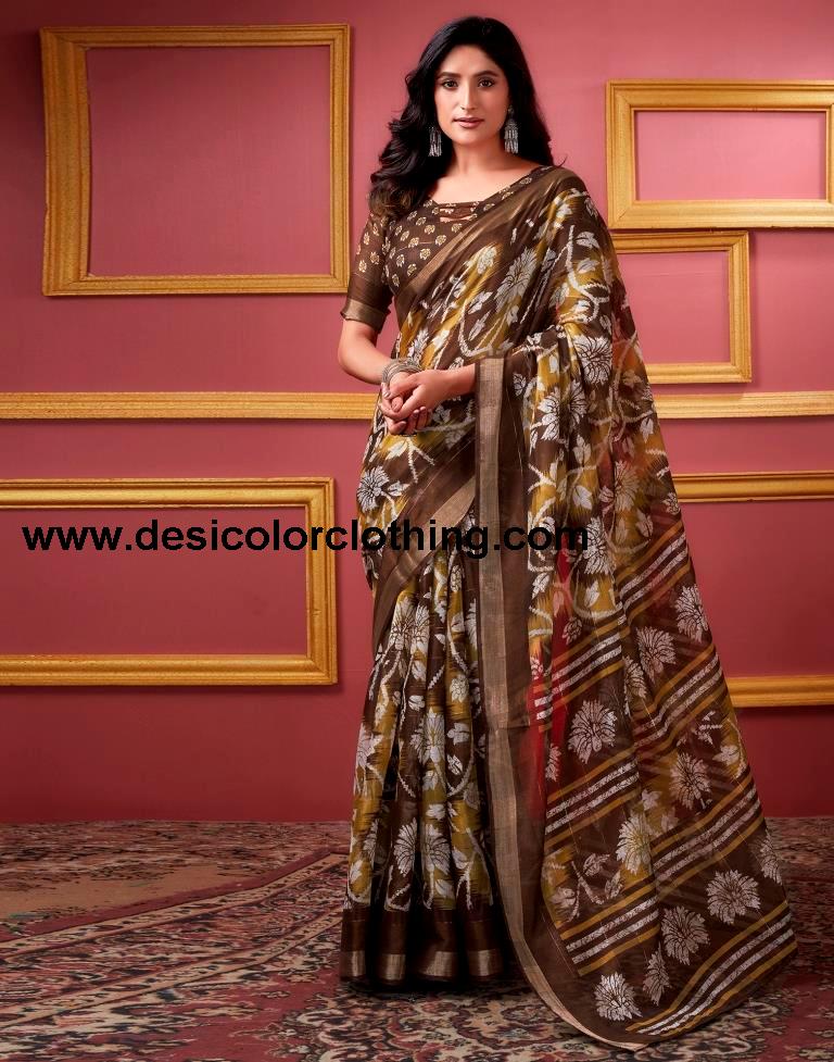 Brown Cotton Zari Saree