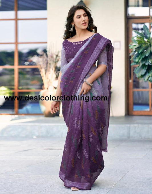 Deep Purple Printed Cotton Saree