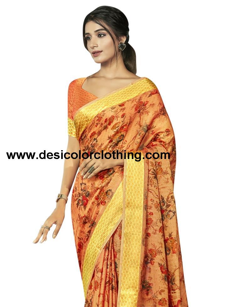 Royal Orange Printed Jute Saree