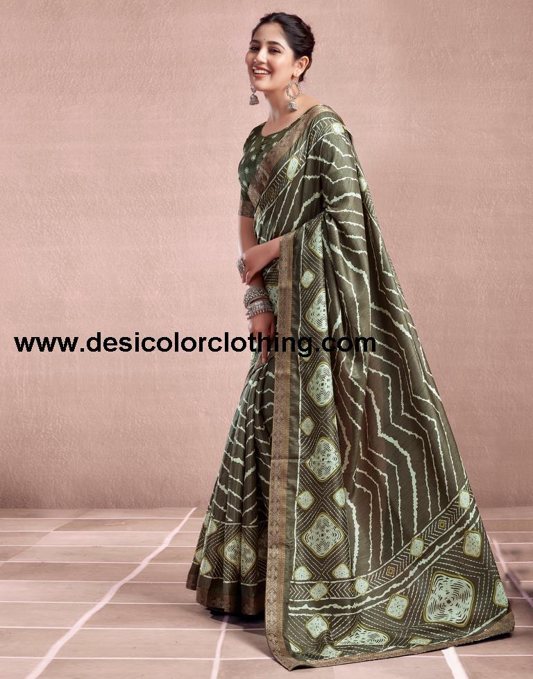 Deep Khaki Silk Printed Saree