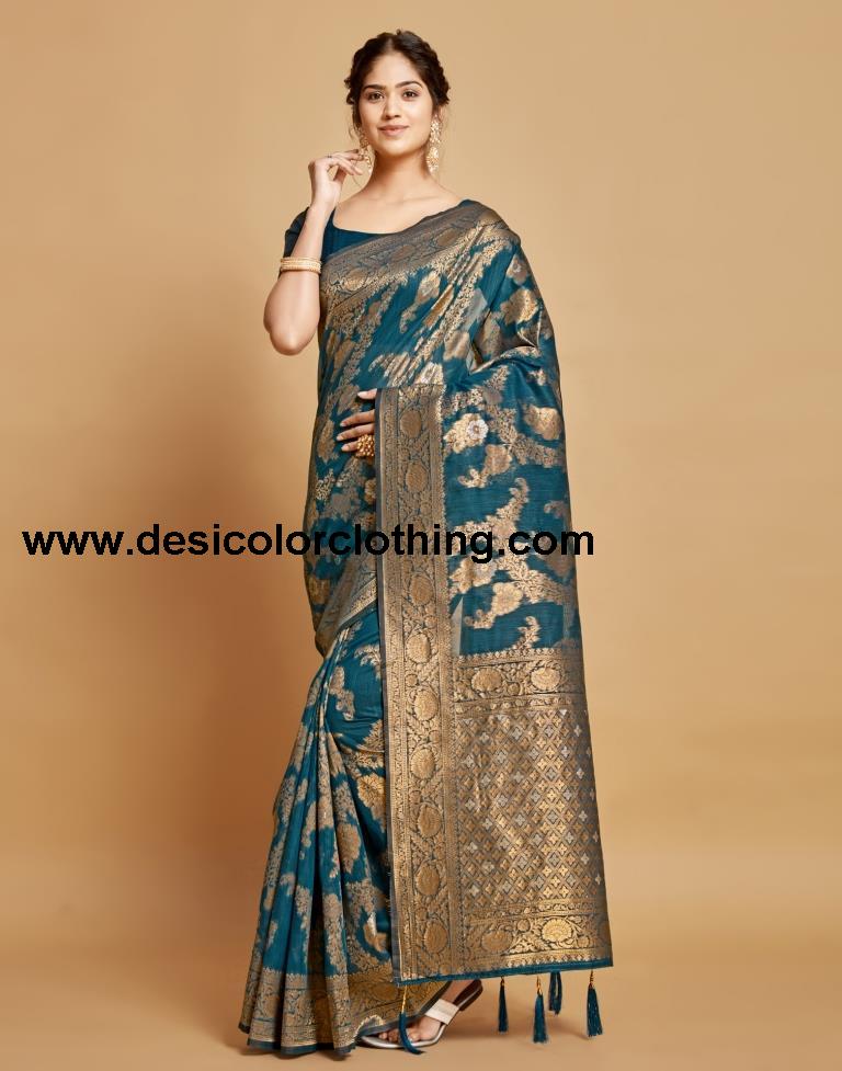 Teal Blue Linen Saree