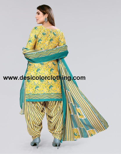 Yellow Printed Cotton Unstitched Salwar Suit Material