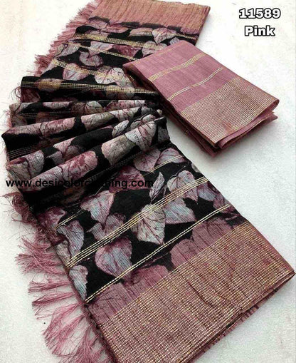 Soft Linen Floral Printed Saree with Foil Lining and Contrast Blouse