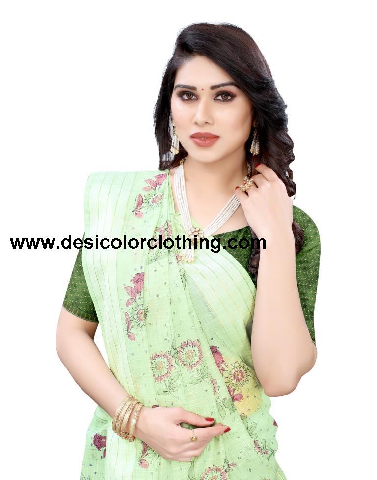 Pista Green Coloured Poly Cotton Printed Casual saree