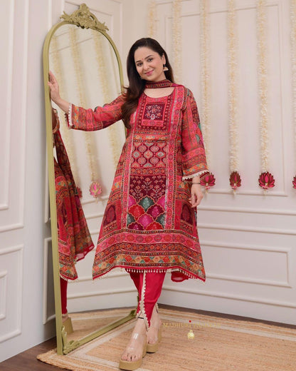 Product Image - Premium Chinnon Suit Set with Hand Embroidery and Digital Print Dupatta