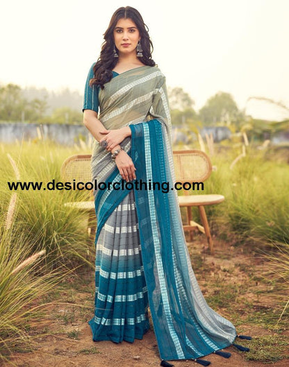 Teal Blue Georgette Plain Saree