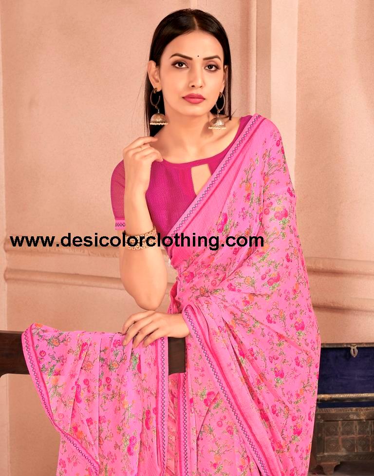 Pink Chiffon Printed Saree