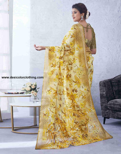 Yellow Cotton Printed Saree