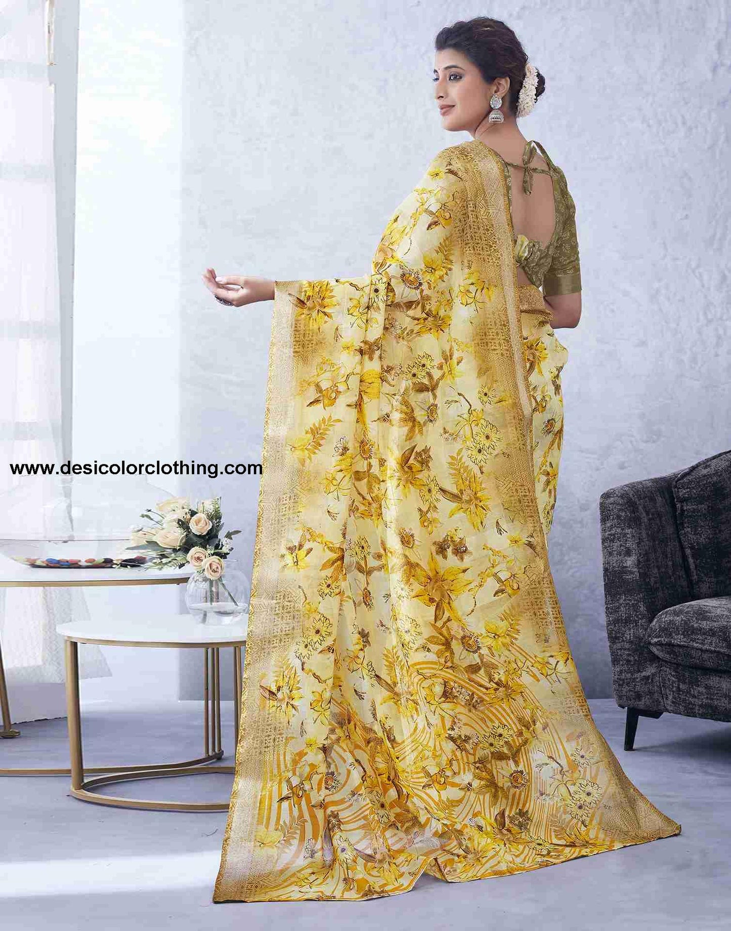 Yellow Cotton Printed Saree