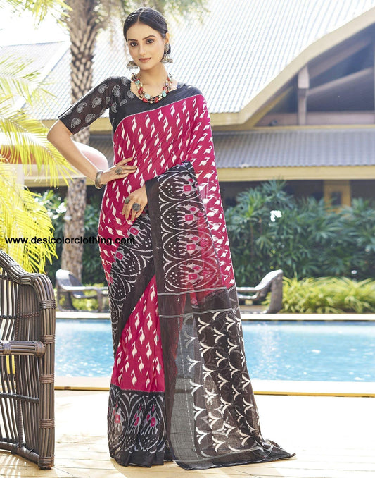 Pink Printed Cotton Pre-Draped Saree