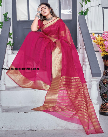 Rani Pink Plain Organza Saree