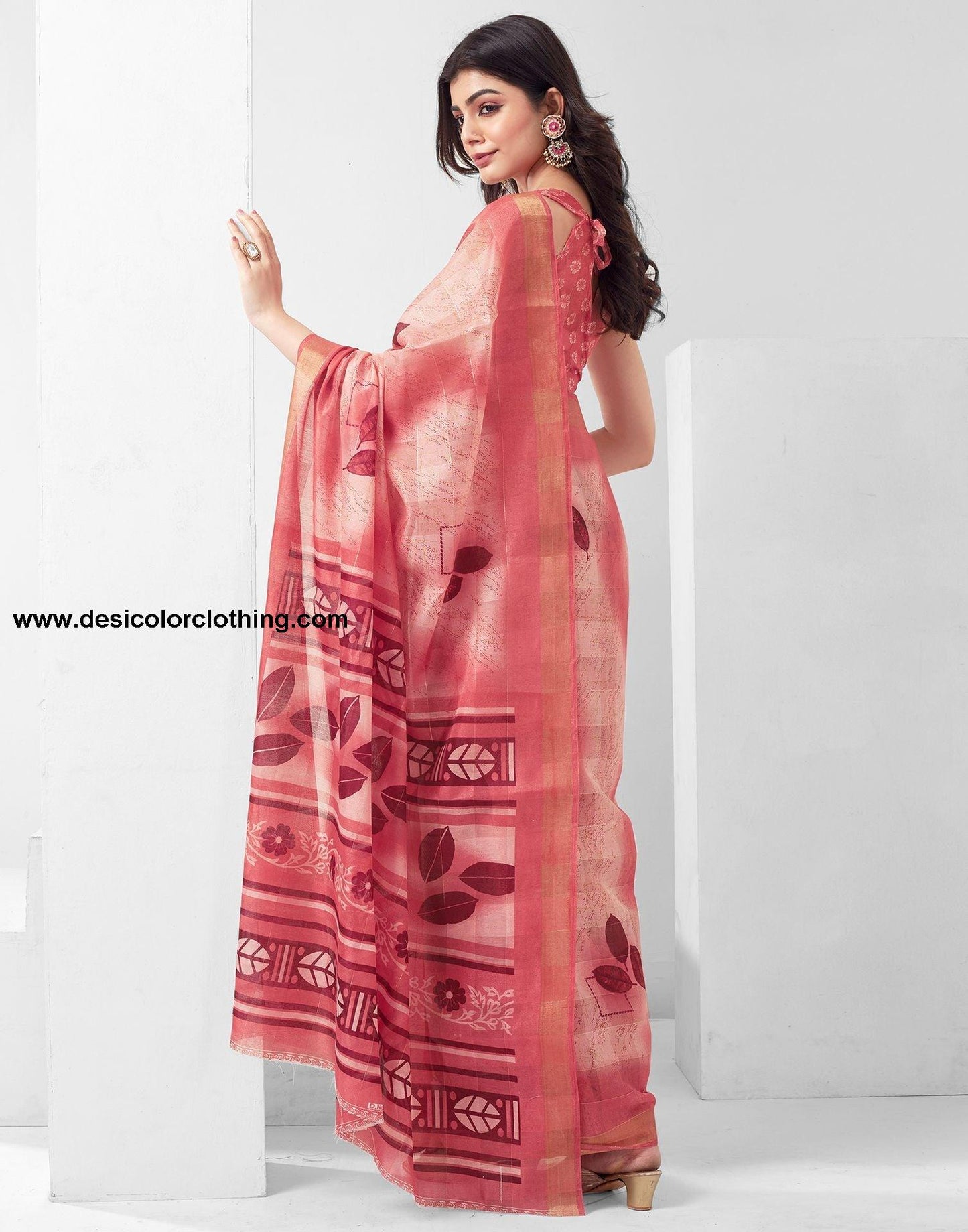Rose Pink Printed Cotton Saree