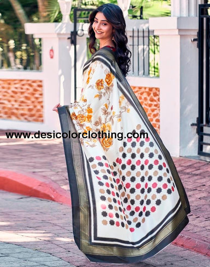 Cream Silk Printed Saree