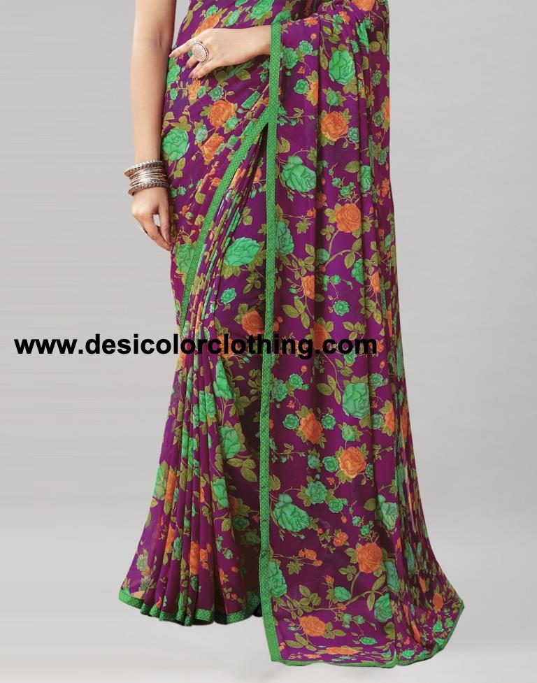 Dark Purple Coloured Georgette Floral Printed Saree | SLV2207S959