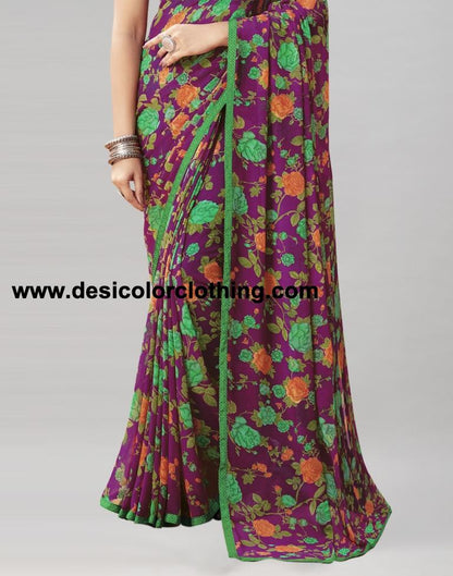 Dark Purple Coloured Georgette Floral Printed Saree | SLV2207S959