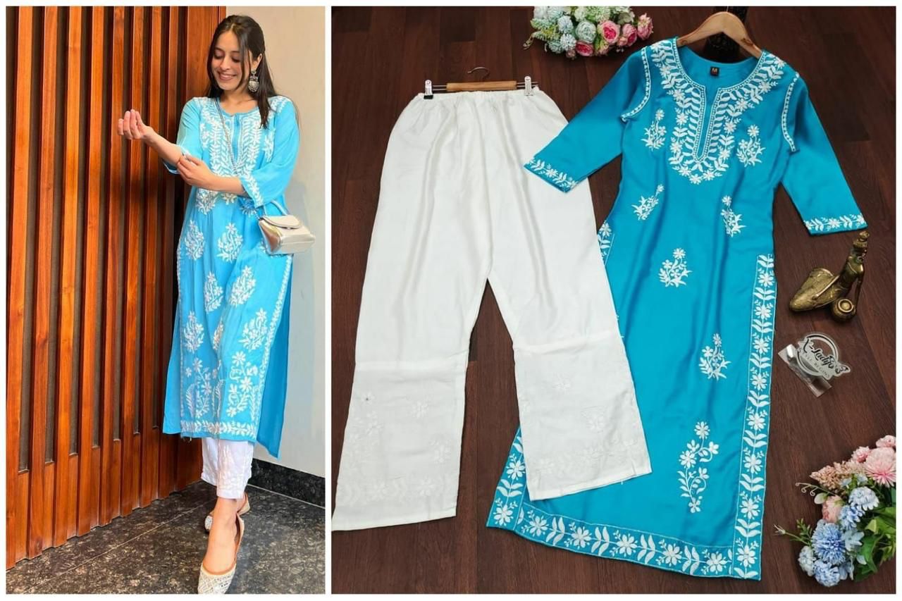Product Image - Designer Embroidered Kurti & Pant Set for Festive Wear