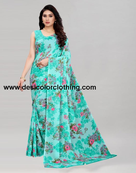Gleaming Aqua Blue Printed Saree | 2041S576