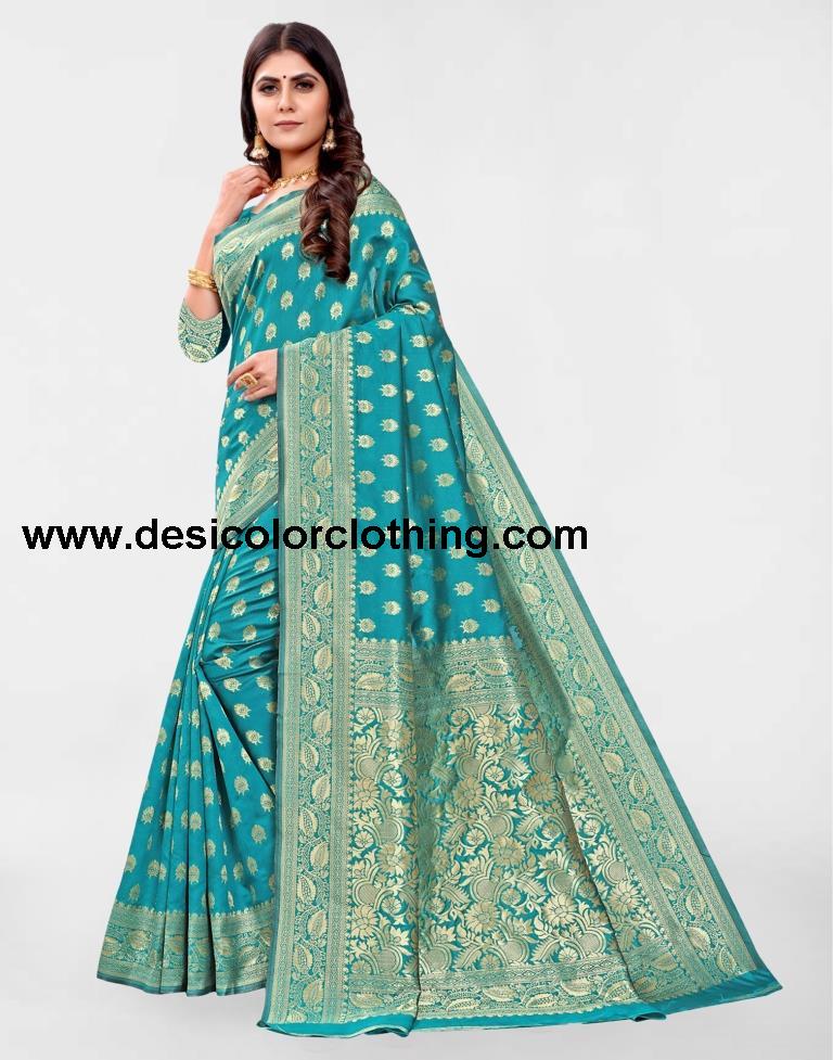 Turquoise Jacquard Banarasi Silk Saree