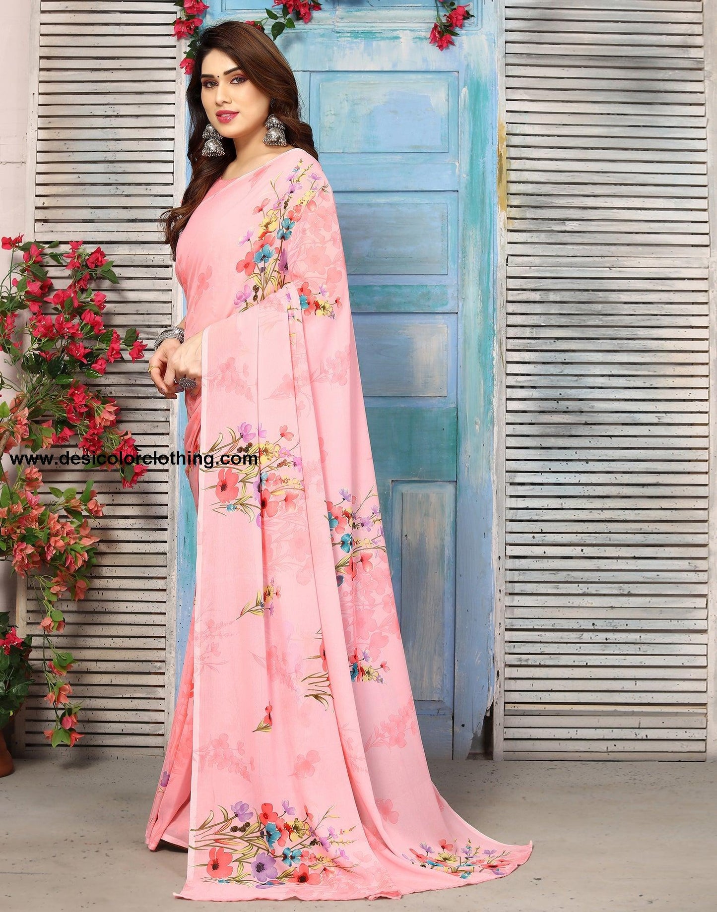 Pink Georgette Floral Printed Saree
