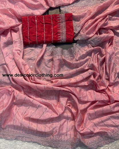 Pure soft Chinon silk sarees with amazing 3 mm C Pallu sequence work with Cut  work border*