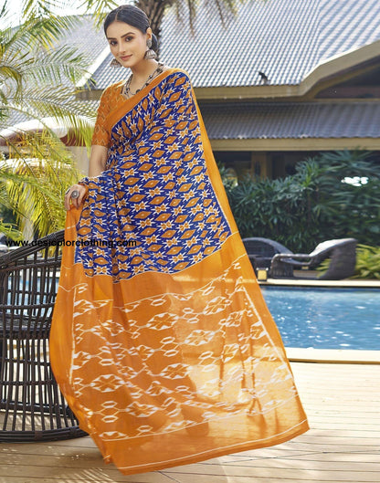 Blue Printed Cotton Pre-Draped Saree