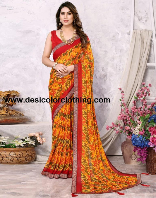 Turmeric Yellow Chiffon Printed Saree