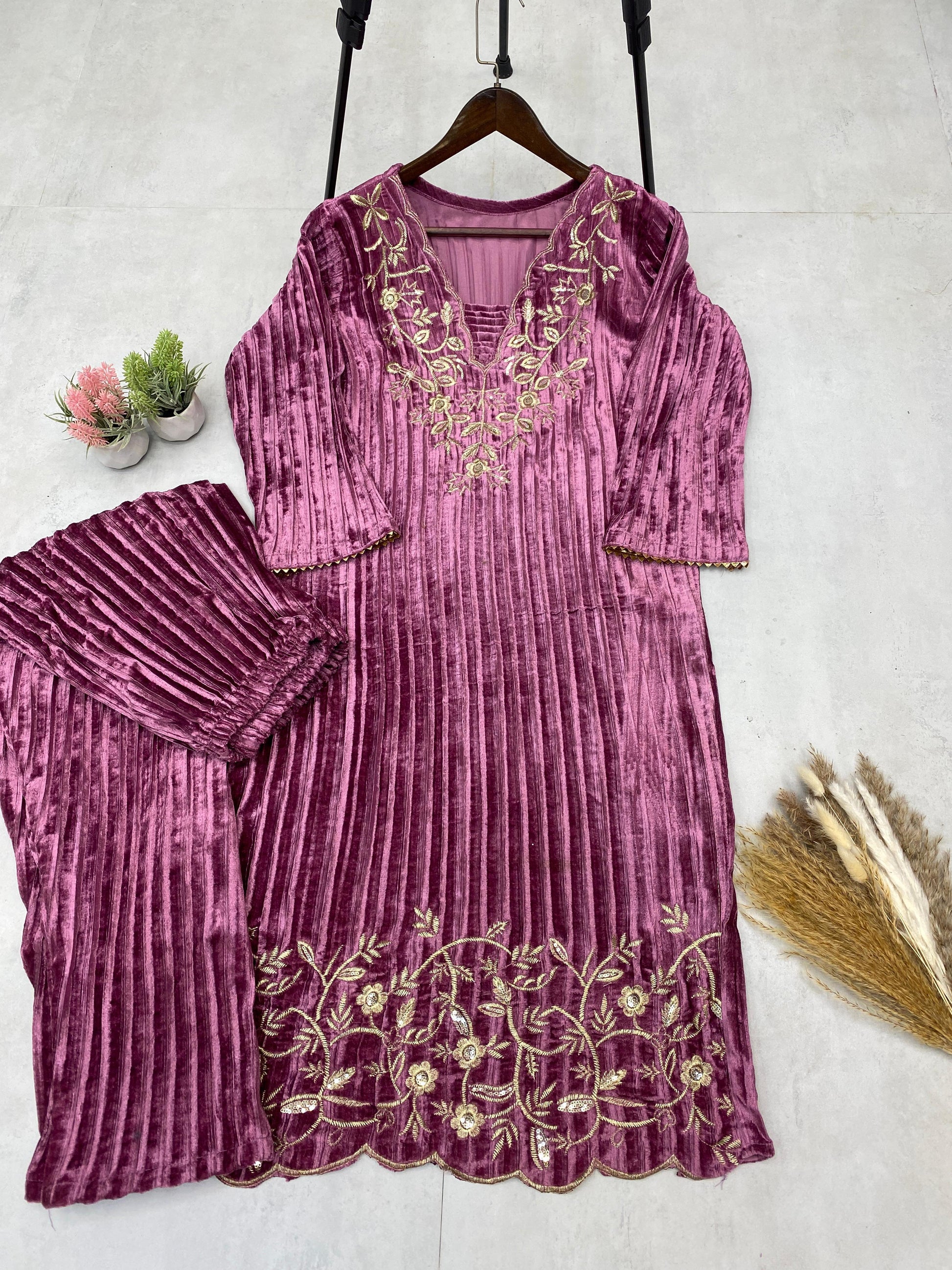 Product Image - Designer Blooming Velvet Embroidery Work Suit with Pant