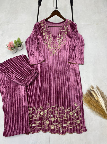 Product Image - Designer Blooming Velvet Embroidery Work Suit with Pant
