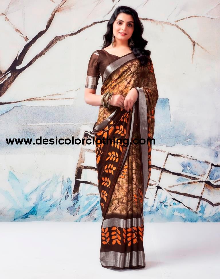 Brown Chiffon Printed  Saree