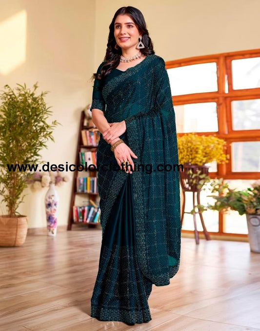 Sea Blue Georgette Plain Saree