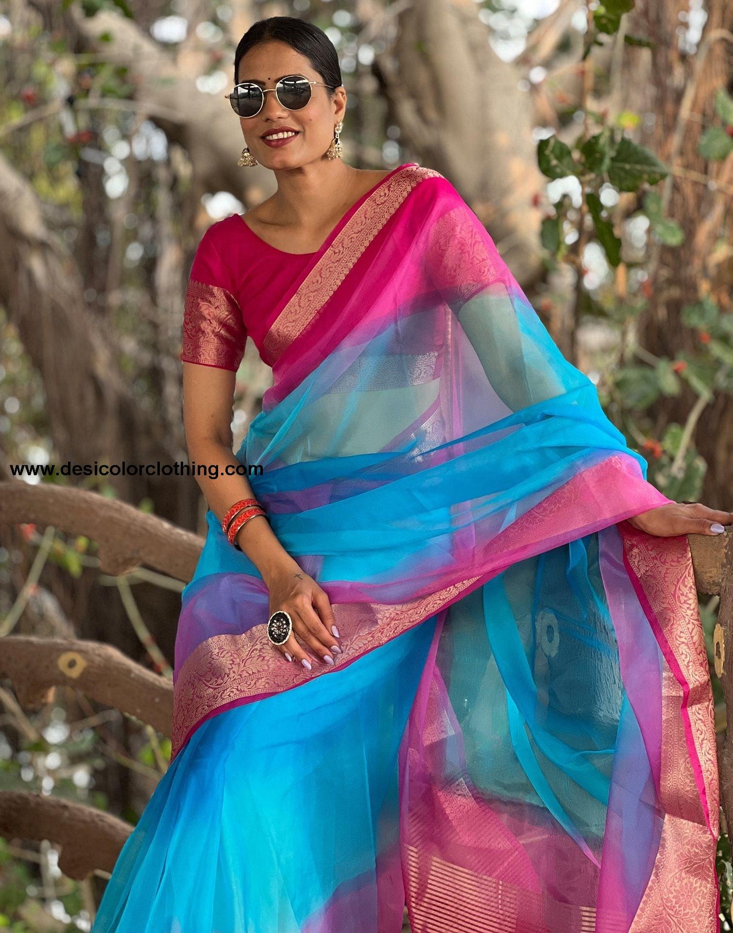 Rani Pink Plain Organza Saree
