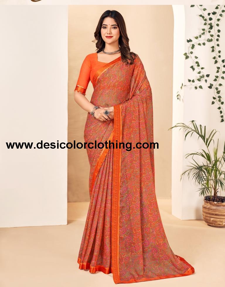Rust Georgette Printed Sarees