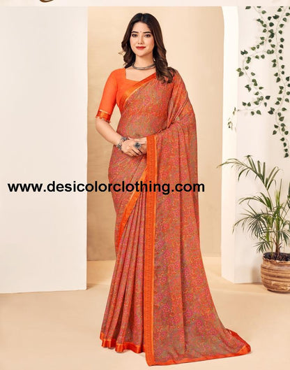 Rust Georgette Printed Sarees
