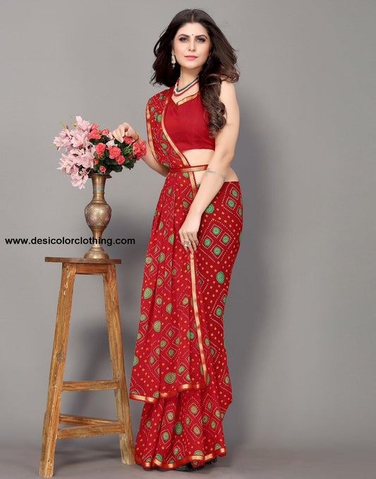Red Bandhani Printed Saree
