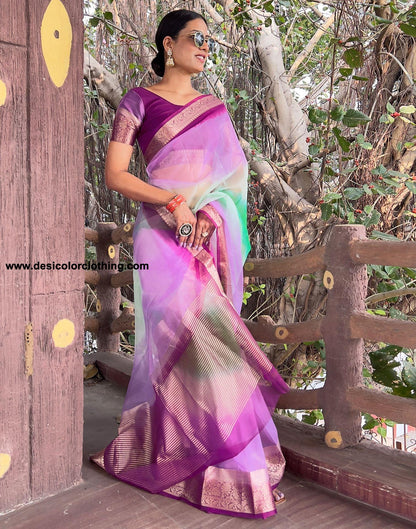 Dark Purple Plain Organza Saree
