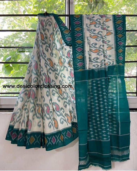 Soft Linen Cotton Saree with Ikkat Digital Print and Contrast Pallu