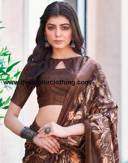 Brown Silk Printed Sarees